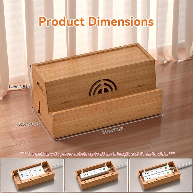 Bamboo Cable Management Box, Natural Color, 31X14X15.5CM, Cable Organizer Box for Desk with Conceal Power Cords and Power Strips, Suitable for Living Rooms, bedrooms, Offices and More