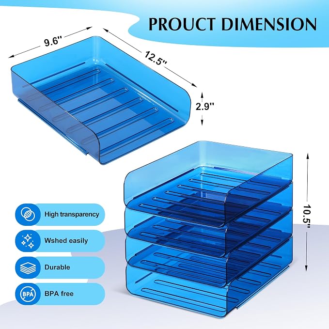 CiWiVOKi 2 Pack Stackable Paper Tray File Organizer for Desk, Office Organizer and Storage for Desk Accessories, Notes, Books, File Paper, Document, Blue