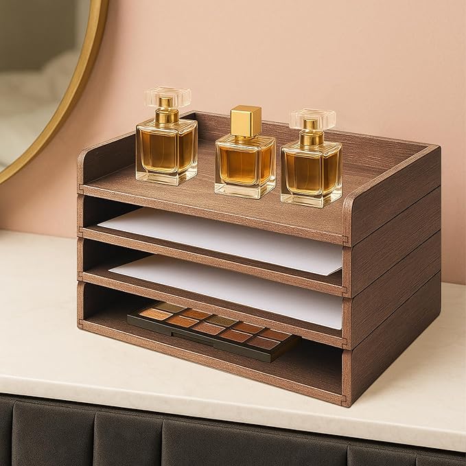 PROLEE Wooden Paper Tray Organizer for Desk,Stackable Paper Holder and Letter Tray,4-Tier Desktop File Storage Rack for Study,Home and Office(Walnut,14" x 9.5" x 2.5")