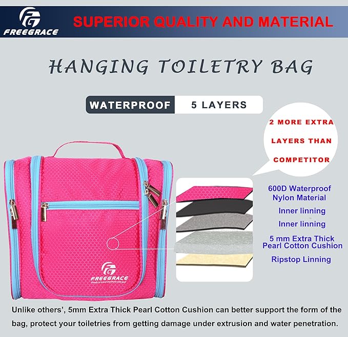 Freegrace Extra Large Hanging Toiletry Bag for Men and Women - Water-Resistant Nylon Travel Bathroom Organizer for Cosmetics, Makeup, and Toiletries
