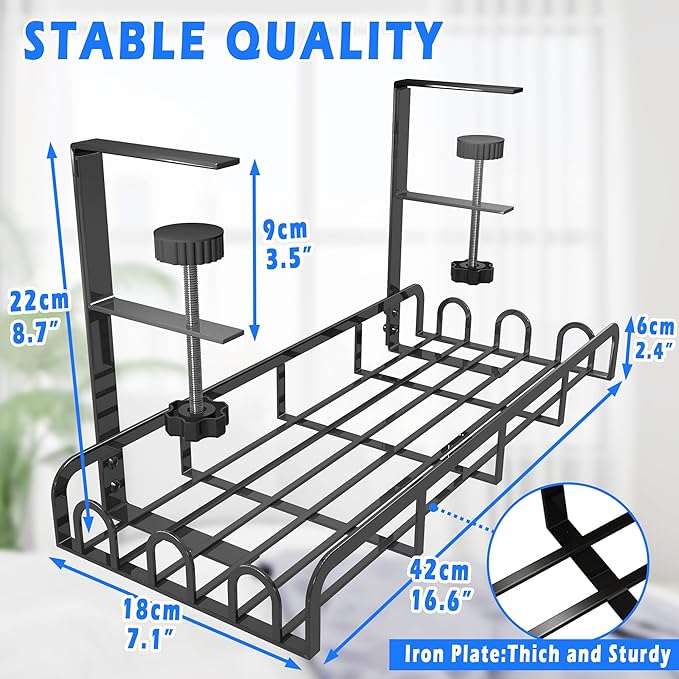 Sleclean Under Desk Cable Management Tray,2 Pack, Upgraded Long Arm Clamp, 16.6"x7.1" No Drill Steel Organizers, Cable Tray with Clamp for Wire Management,Home-No Damage to Desk