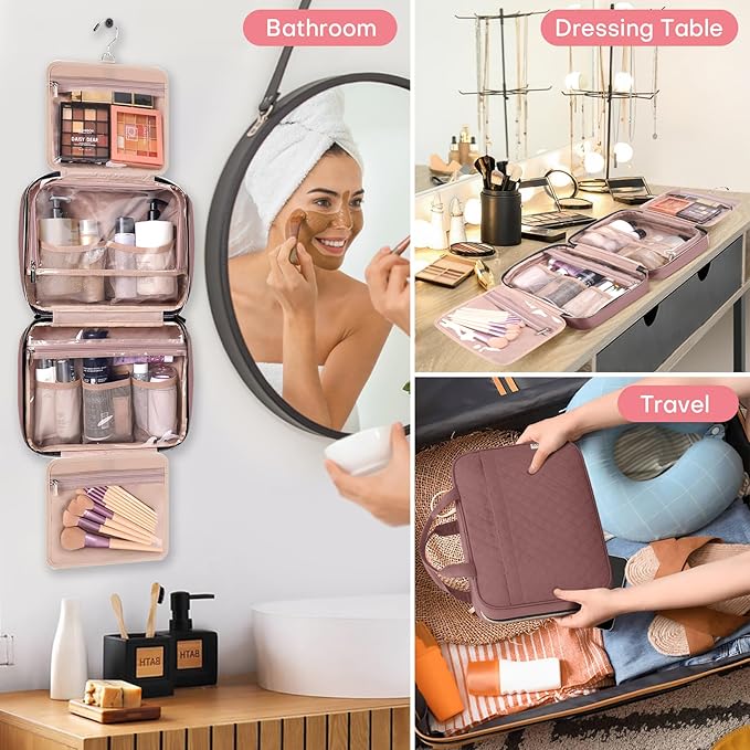 HXLGMD Travel Size Toiletry Bag for Women, Portable Cosmetic Bag with Hanging Hook, Travel Essentials Water-resistant Makeup Organizer for Accessories, Shampoo, Full-size Container, Toiletries