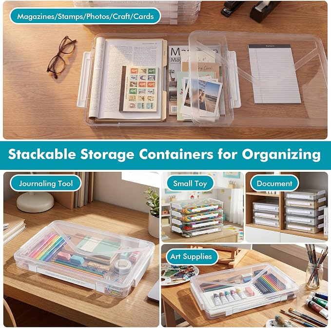 Novabright 5 Pack Clear Plastic File Boxes with Handle Portable Project Case Storage Bin with Lid Transparent Stackable Container Document Magazine Protector for A4 Paper Photo Scrapbook (White)