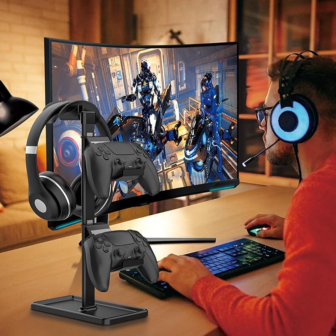 Controller Holder, Headphone Stand, Gaming Controller Stand for Xbox PS5 PS4 Switch, Headset Holder with Storage Organizer, Universal Desk Game Accessories (Black)