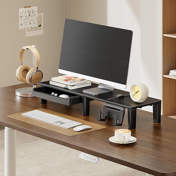 PEGZONE Monitor Stand Riser for Desk, Ergonomic Computer Riser with Storage Drawer, Desktop Shelf Organizer for PC, Laptop, Desk Computer Riser For Home Office