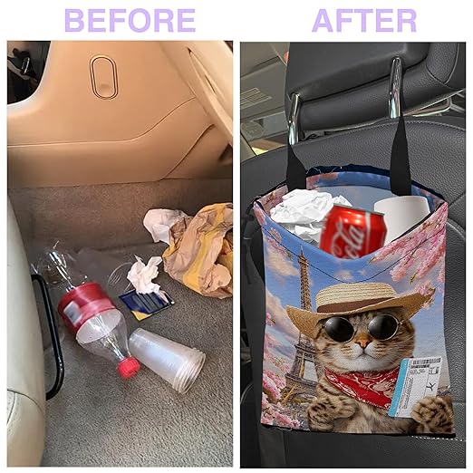 Car Trash Bag Funny Cat and Eiffel Tower Car Garbage Bag Waterproof Car Trash Can for Back Seat with Adjustable Straps and Drawstring, Foldable Car Trash Bin for Car Accessories