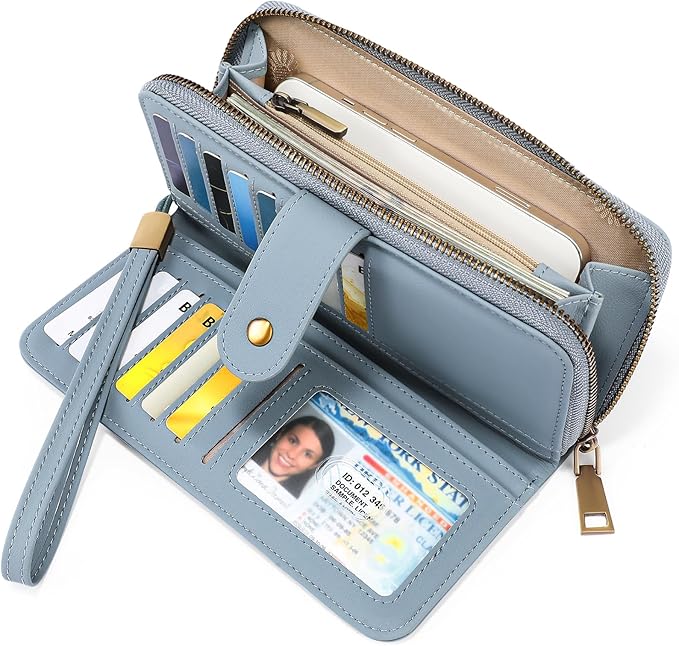 GAEKEAO Wallet for Women Clutch RFID Blocking Wristlet Leather Purse Large Capacity Credit Card Holder with Grip Hand Strap