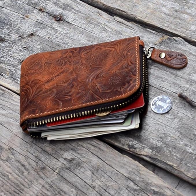 JJNUSA Genuine Leather Zipper Coin Purse Wallet With Key Car Smart Holder, Change Purse, Coin Pouch Holder For Men (Flower brown)
