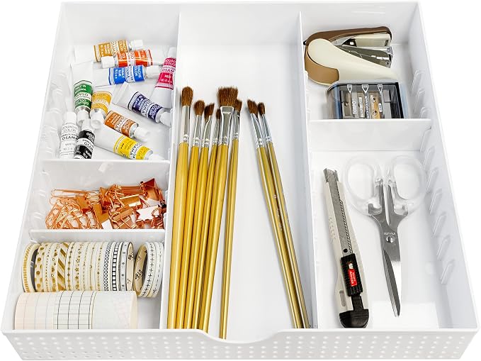 CAXXA 3 Slot Drawer Organizer with 4 Adjustable Dividers - 7 Compartments Junk Drawer Storage for Makeup & Vanity, Office Desk Supplies and Accessories,WHITE (2 pack)