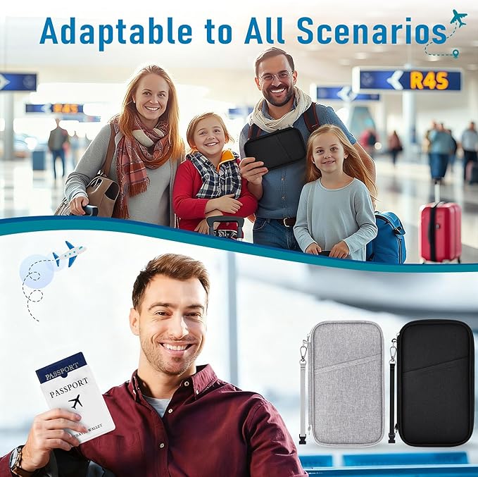 Family Passport Holder for Travel, RFID Blocking Travel Document Organizer with Flexible Carrying Style, Portable Passport Wallet and Essentials for Travel (Black)