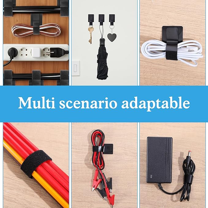 cobee 41 Pcs Cable Management Under Desk, Hook and Loop Cable Ties Self Adhesive Cables Clips Straps, Adjustable Cord Holder Up to 15 Cord for TV Laptop Desktop
