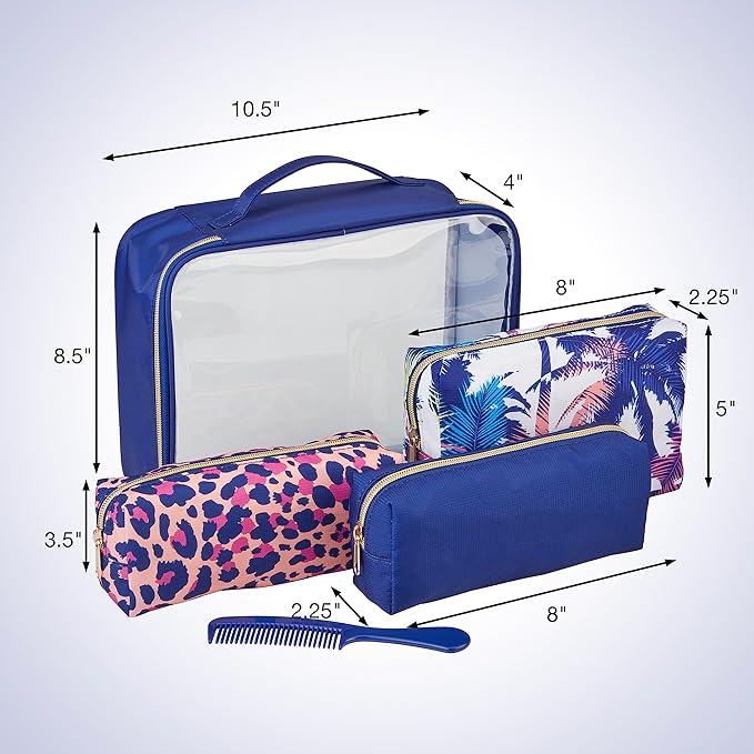 Conair 5 Piece Toiletry and Cosmetic Bag Set Under $30, Includes 4 Makeup Bags and 1 Travel Comb in Blue Palm Prints (Pack of 2)