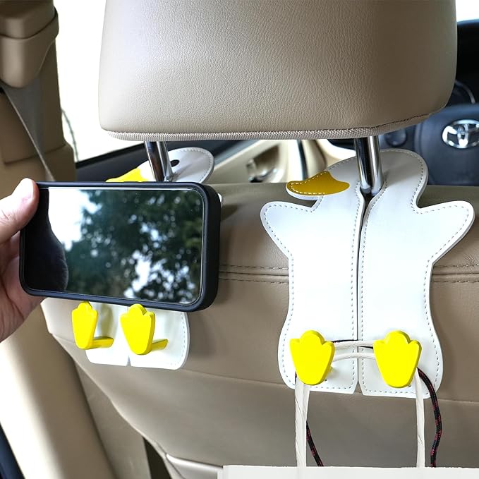 Car Seat Back Hooks - Double Hook Headrest Hanger for Purse, Bags, Groceries & Phone Holder - Universal Fit for Car, SUV, Truck - Heavy Duty Metal & Premium Leather Organizer