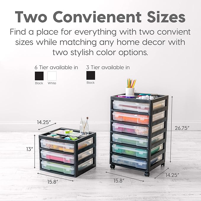 IRIS USA Fits 12" x 12" Paper, 6-Tier Scrapbook Rolling Storage Cart with Organizer for Stationery Vinyl Tools Office Art and Craft Supplies, Yarn, 6 Clear Cases w/Built in Handle - Black/Clear