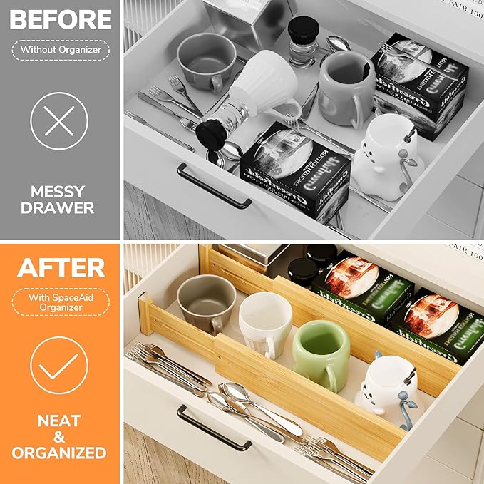 BAMEOS 4 pcs 3" High Bamboo Drawer Dividers Adjustable Drawer Organizer Expandable Drawer Organization Utensil Organizers for Kitchen Dresser Bathroom Bedroom and Office