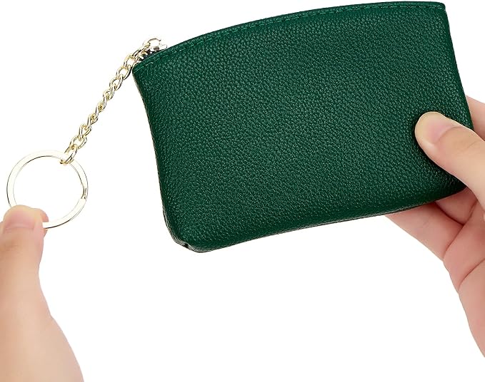 WOZEAH Artificial Leather Coin Purse Change Purse With Key Chain Ring Zipper For Men Women (A Green)