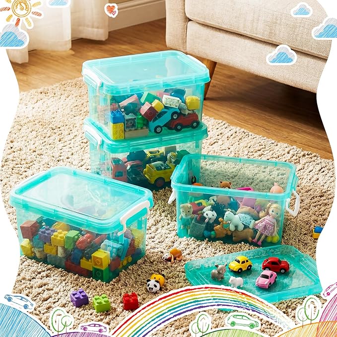 Wenqik 6 Pack Colorful Plastic Storage Bins with Lids 4 Quart Small Storage Latch Box Stackable and Nestable Clear Organizer Bins with Latching Handle and Buckle for Organizing (Teal)