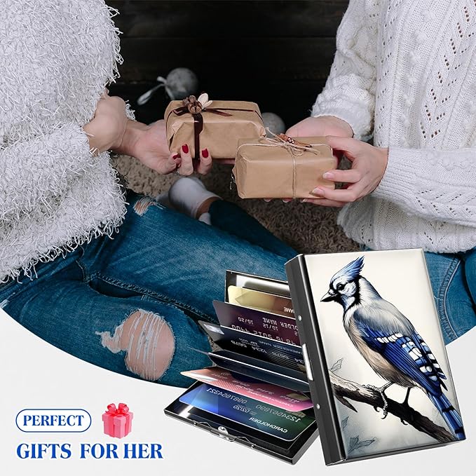 RFID Blocking Credit Card Holder - Slim Metal Wallet for Women & Men,Blue Jay Bird Design Stainless Steel Business Card Case,Compact Pocket Organizer for Travel & Daily Use