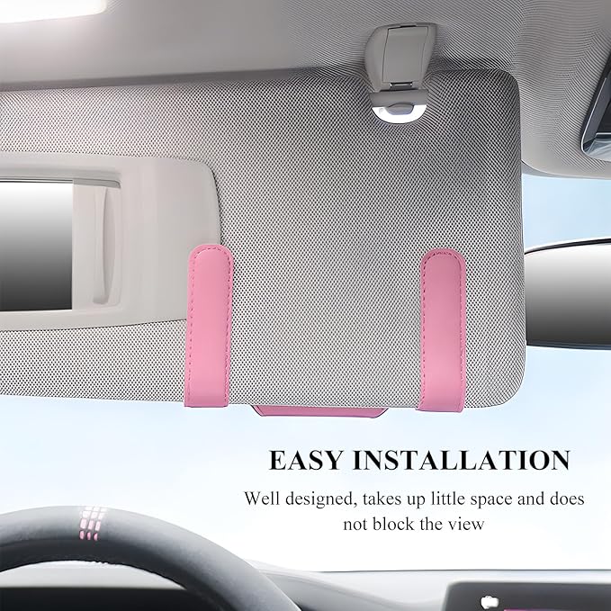 Sunglass Holder for Car Visor, Leather Sun Visor Glasses Storage Case, Car Visors Sunglasses Holder for Cars (Pink)