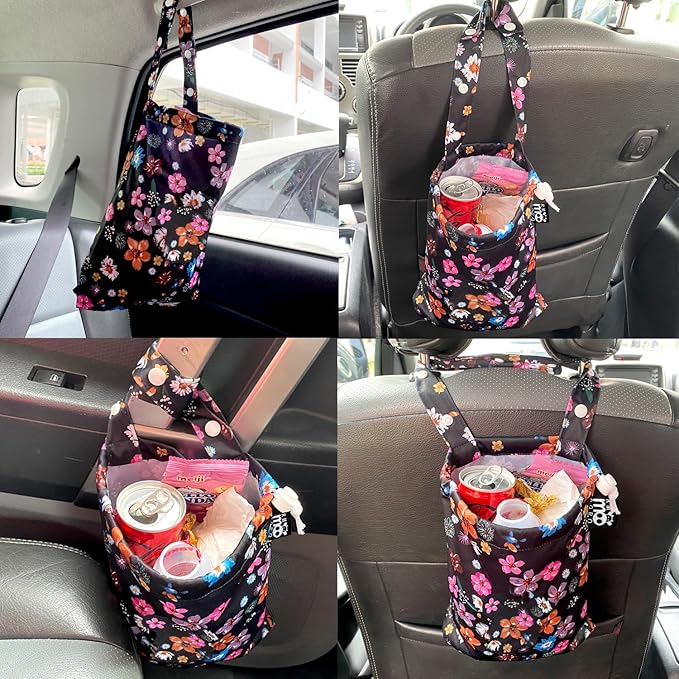 Waterproof Car Trash Bag Reusable Portable Garbage Can with Drawstring Top Adjustable Hanging Strap Leakproof & Washable for Cars SUVs & Trucks (Small Flowers)
