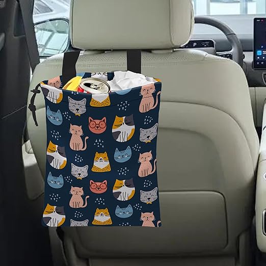 Car Trash Bag Cute Cat Car Garbage Bag Hanging Car Trash Can for Back Seat with Drawstring