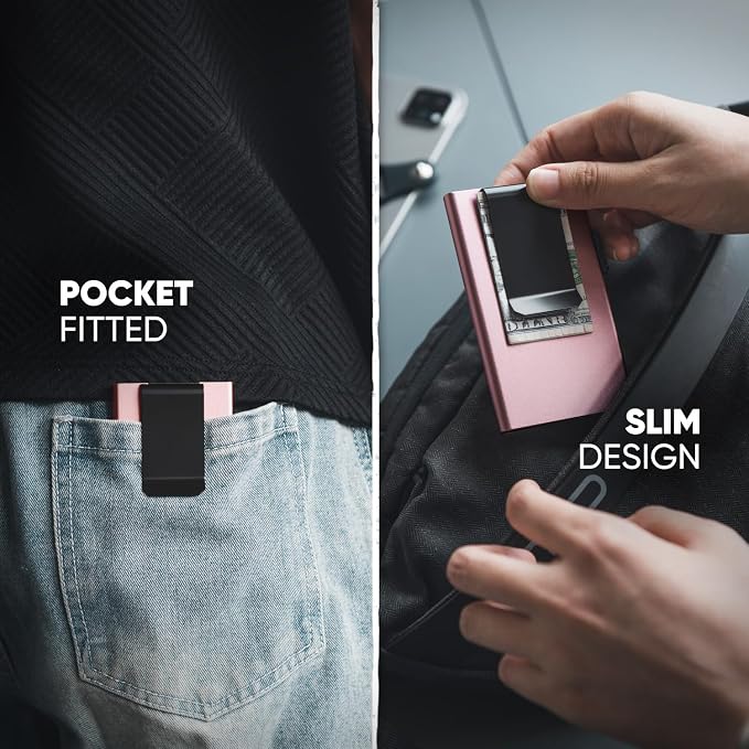 VULKIT Minimalist Wallet with Money Clip RFID Protection Pop Up Card Holder Slim Wallet Credit Card Holder Metal Wallet, Rose Gold