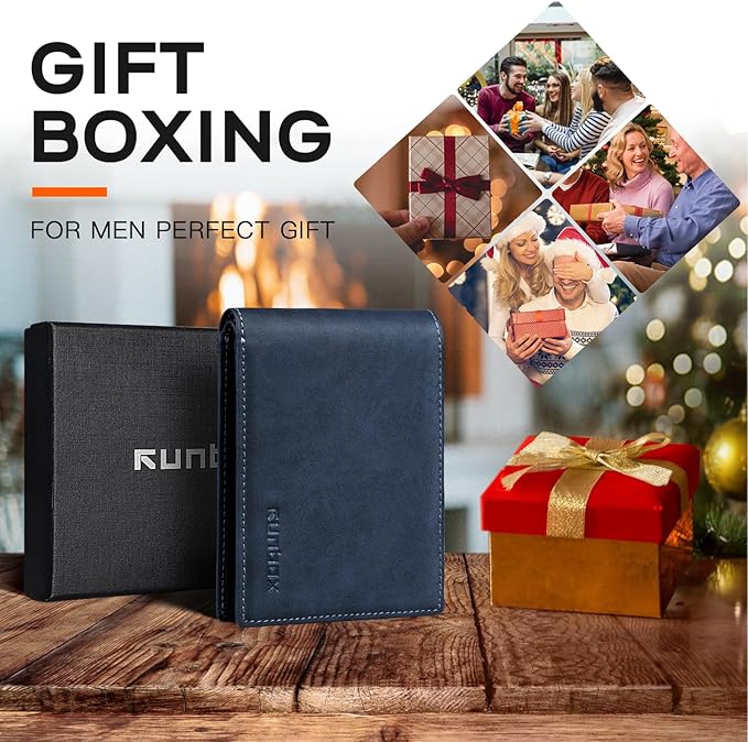 RUNBOX Wallet for Men Slim Leather Bifold RFID Blocking Minimalist Front Pocket Design with Gift Box
