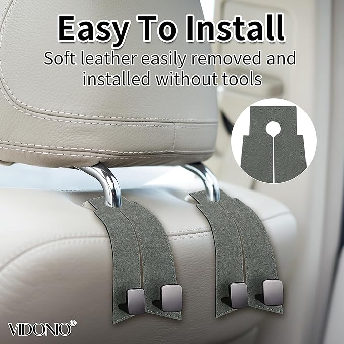 vidonio 2 Pack Double Car Seat Hooks for Headrest, Rotatable Purse Holder for Car,Premium Leather Car Hooks for Purses and Bags, Headrest Hooks and Storage Accessories (Gray)