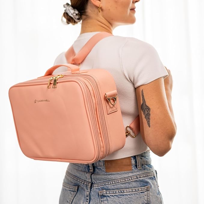 Carrywell Makeup Bag Travel Case, Not-Made In China, Hard Train Case for Cosmetics, Portable Beauty Artists Organizer, Storage Box With Adjustable Dividers For Make Up and Brushes, Medium Pink