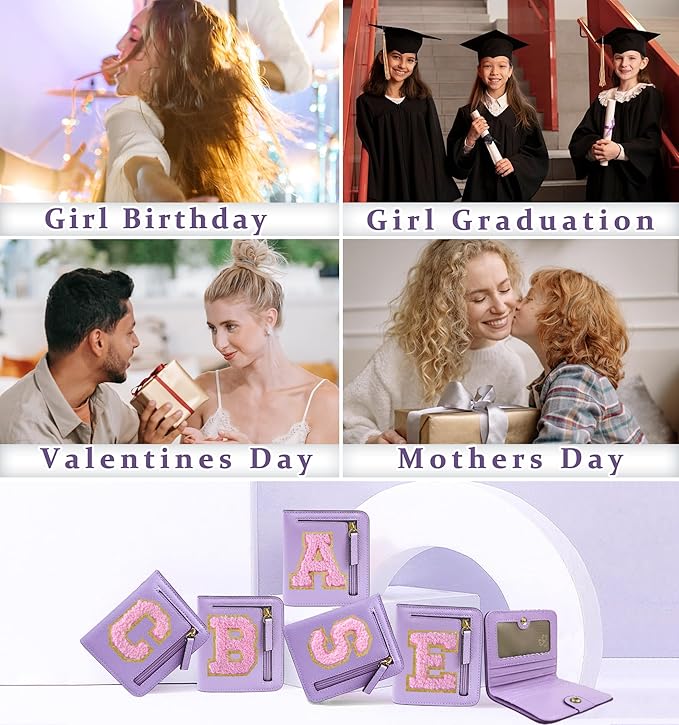 COSHAYSOO Preppy Wallet Gifts for Teen Girls Women Small Wallet RFID Bifold PU Leather Christmas Valentines Easter Mothers Fathers Day Nurse Appreciation Graduation Gifts Chenille Letter R Purple