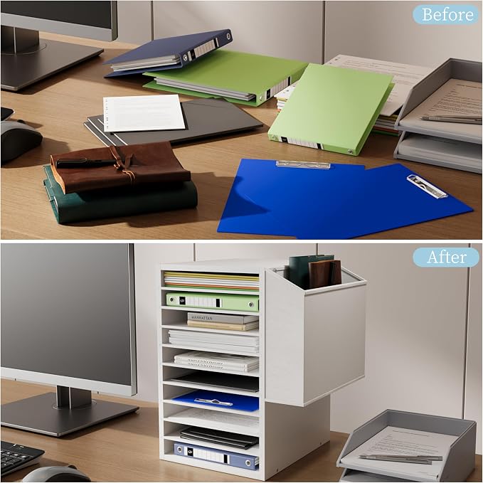 Unionly Office Mail Sorter, Wooden Paper Organizer with Storage Bag, 10 Tier Adjustable Classroom Mailbox, Removable Classroom Organization, Teacher Desk Organization for Office, Study, White