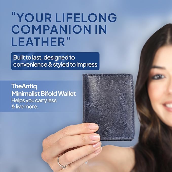 Genuine Leather Bifold Card Holder Wallet for Men & Women Slim Minimalist Front Pocket Credit Card Wallet, Compact Travel & Everyday Carry - Navy Blue