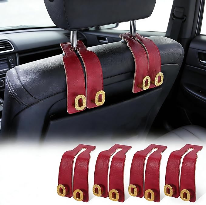 Car Headrest Hooks Universal Car Purse Twin Hook Premium Red Leather and Golden Alloy Seat Back Storage Hanger for Purse Bags Cloth Drink Durable Holder Automotive Accessories