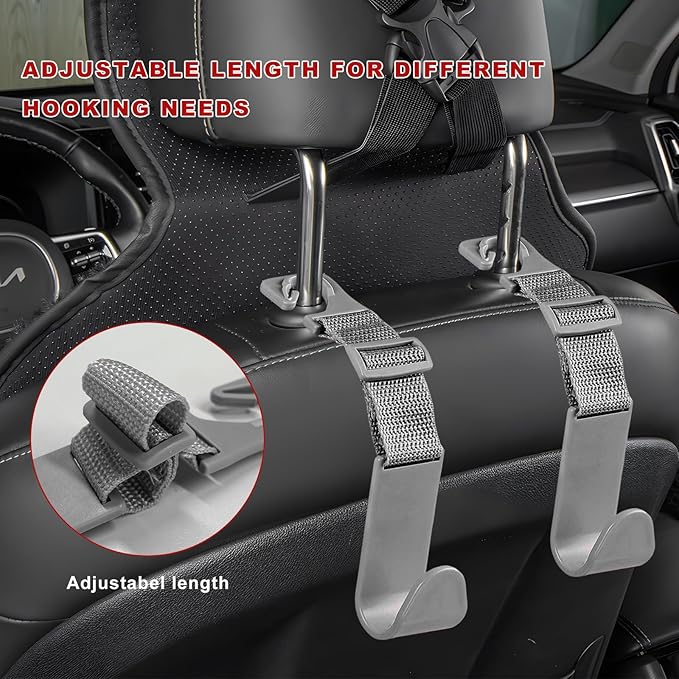 4PCS Car Seat Headrest Hook, Adjustable Vehicle Backseat Hanger Storage Organizer, Universal Seat Back Holder Hooks for Purse Coat Grocery Bag, Car Accessories (Gray)