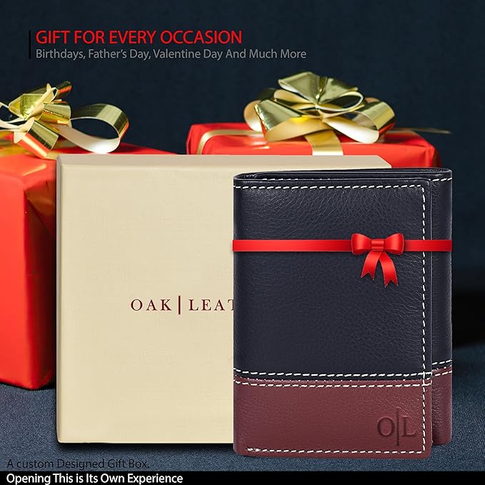Real Leather Mens Trifold Wallet RFID Blocking Slim Minimalist Front Pocket - Thin & Stylish with ID Window in Gift Box