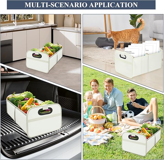 Car Trunk Organizer, Foldable Car Trunk Storage Box with 2 Compartments & Mesh Pocket, Large Capacity, Portable with Handle, Collapsible Backseat Storage Organizer for SUV Truck Sedan (White)