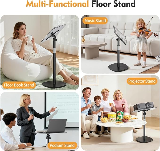 Floor Book Stand - Height Adjustable 26.4-56.3" Reading Holder with Page Clips, 180° Tilting Aluminum Panel for Heavy Books, Sheet Music, Laptops & Projectors - Portable Podium Stand