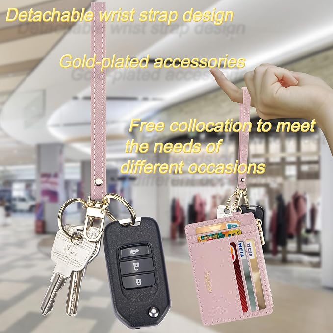 Wikavanli Women Slim Rfid Blocking Credit Card Case Holder Wristlet Zip ID Case Wallet Small Compact Leather Wallet Coin Purse with Keychain (Light Pink)