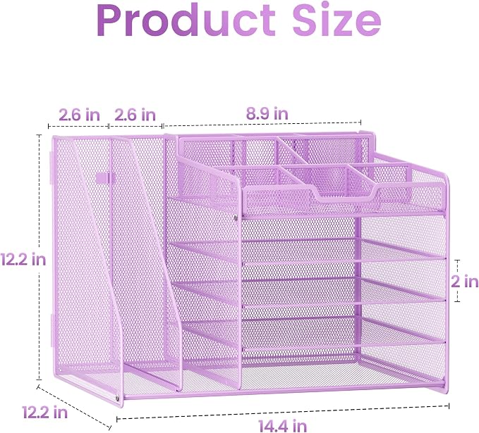 Lavatino 5-Tier Desk Organizer with 2 File Holders, Metal Adjustable Paper Letter Tray for Office or Home Desk Organizers and Accessories | 7 Flexible Dividers Keep Workspace Supplies Neat, Purple