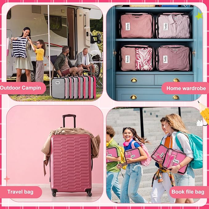 7 Pcs Packing Cubes for Travel Days of Week Compression Packing Cube with Labels Organizers Luggage Storage Bag(Pink,Large)