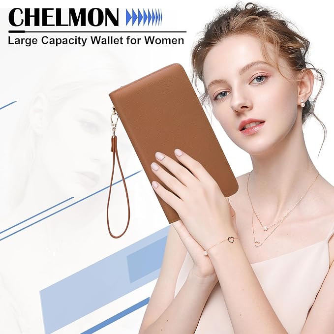 Chelmon Women's Vegan Leather Clutch Wallet with Zip, Hand Strap, Large Capacity