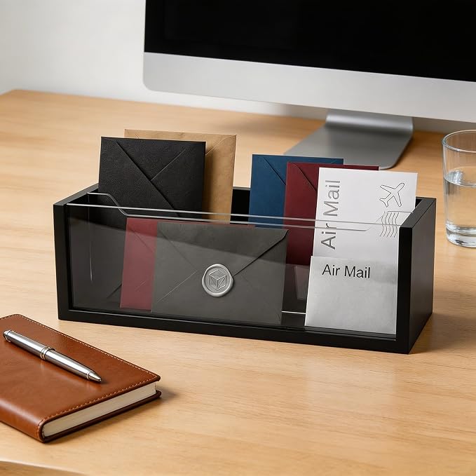 Mail Organizer with Clear Acrylic Dividers - Adjustable 2-in-1 Desk & Wall Mount Letter Holder, Modern Paper Sorter for Home Office Organization (Black)