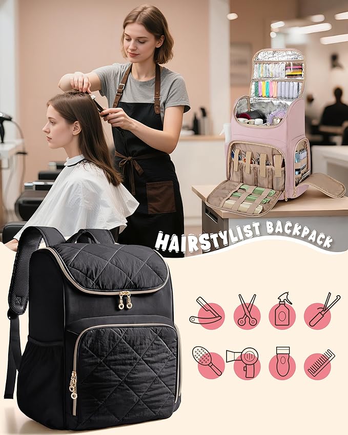 Marscamd Insulated Hairstylist Travel Bag Backpack with Detachable Dividers and Multiple Pockets, Quilted Hair Tool Travel Bag with Multiple Pockets for Hairstylist and Barber, Pink