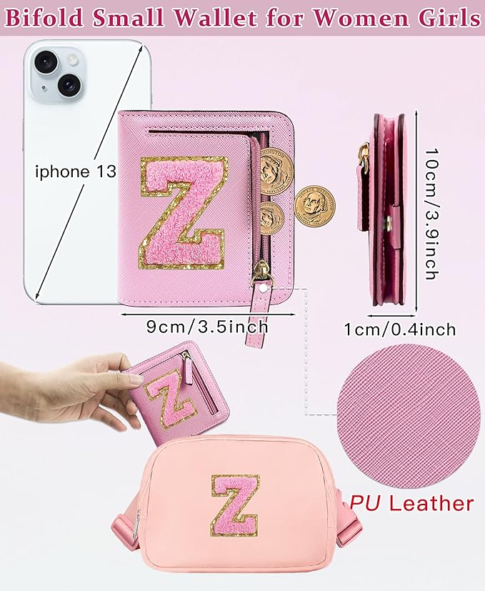 COSHAYSOO Preppy Wallet Gifts for Teen Girls Women Small Wallet RFID Bifold PU Leather Christmas Valentines Easter Mothers Fathers Day Nurse Appreciation Graduation Gifts Chenille Letter Z Pink