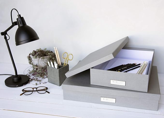 Bigso Sverker Fiberboard Legal and Art Storage Box - Scrapbook Storage Box for Loose Papers and More - Durable Document Boxes with Lid and Metal Label Holder - 17.1 in x 12.2 in x 3.3 in - Dark Grey