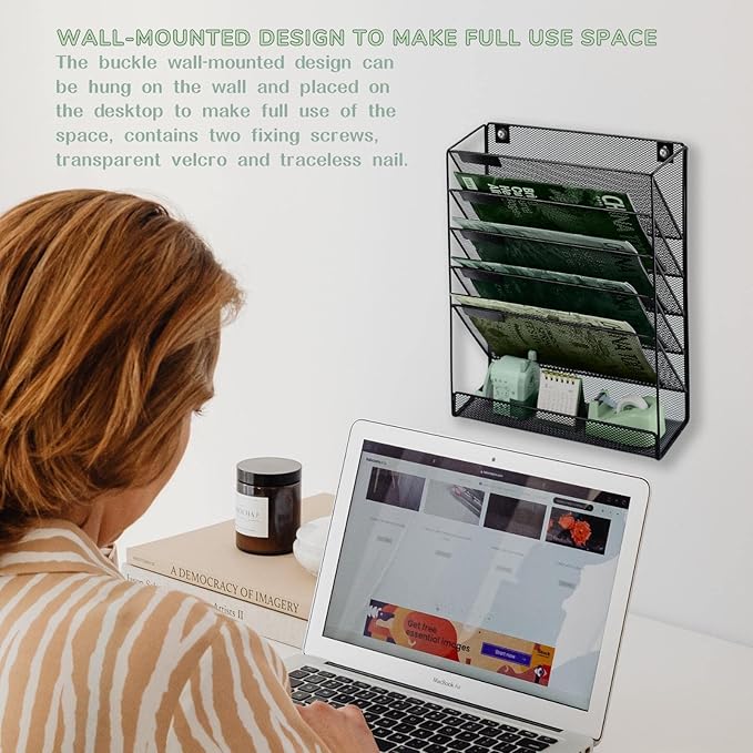 5 Pockets Mesh Wall File Holder Organizer with Bottom Flat Tray, Office Hanging File Folder Magazine Rack, Nametag Label Hooks Set Included, Black