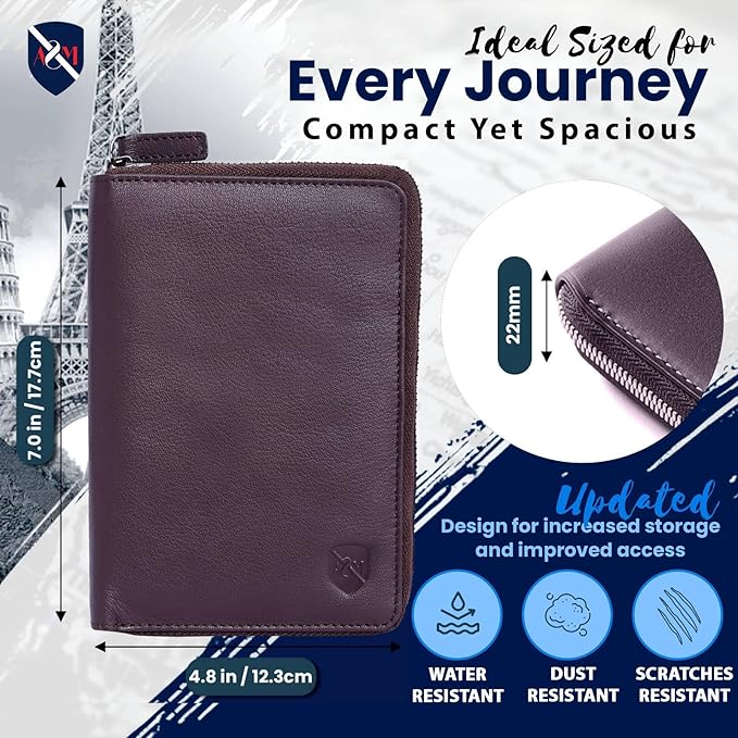 ALLEN & MATE 100% Leather Passport Holder for Travel RFID Blocking Passport Wallet for Men & Women - Zippered Compact Travel Document Organizer Fits Passport, Cash, Cards, SIM, ID and Tickets