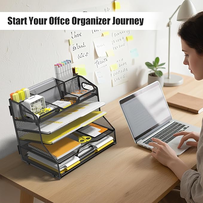 YINGHUA 5 Tier Paper Tray Letter Organizer with Top 6 Adjustable Compartments - Paper Sorter Office Desktop Accessories with Handles for Document,Mail,School Supplies Storage,Black