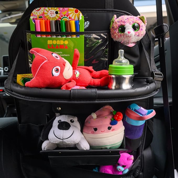 Car Backseat Organizer with Built-in Foldable Tray | Double Layered Leather, Waterproof Car Seat Organizer with Pockets | Easy Installation, Perfect for Family Trips and Daily Use