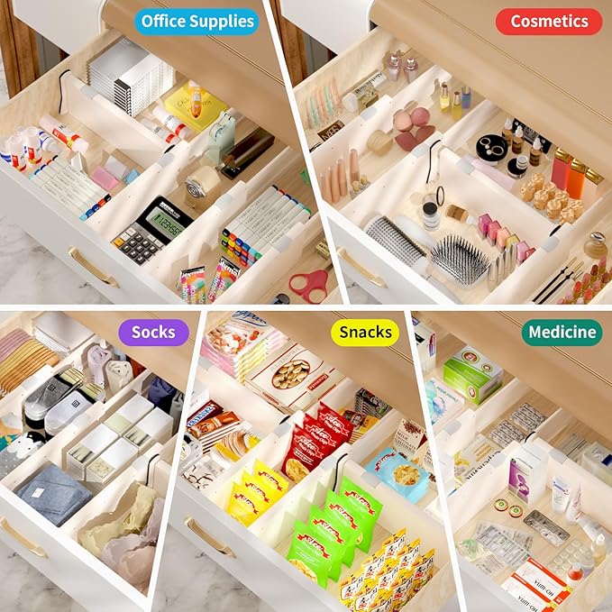 Drawer Dividers Organizer 9 Pack, Adjustable Separators 4" High Expandable from 11-17" for Bedroom, Bathroom, Closet, Clothing, Office, Kitchen (Beige, 9 PACK)